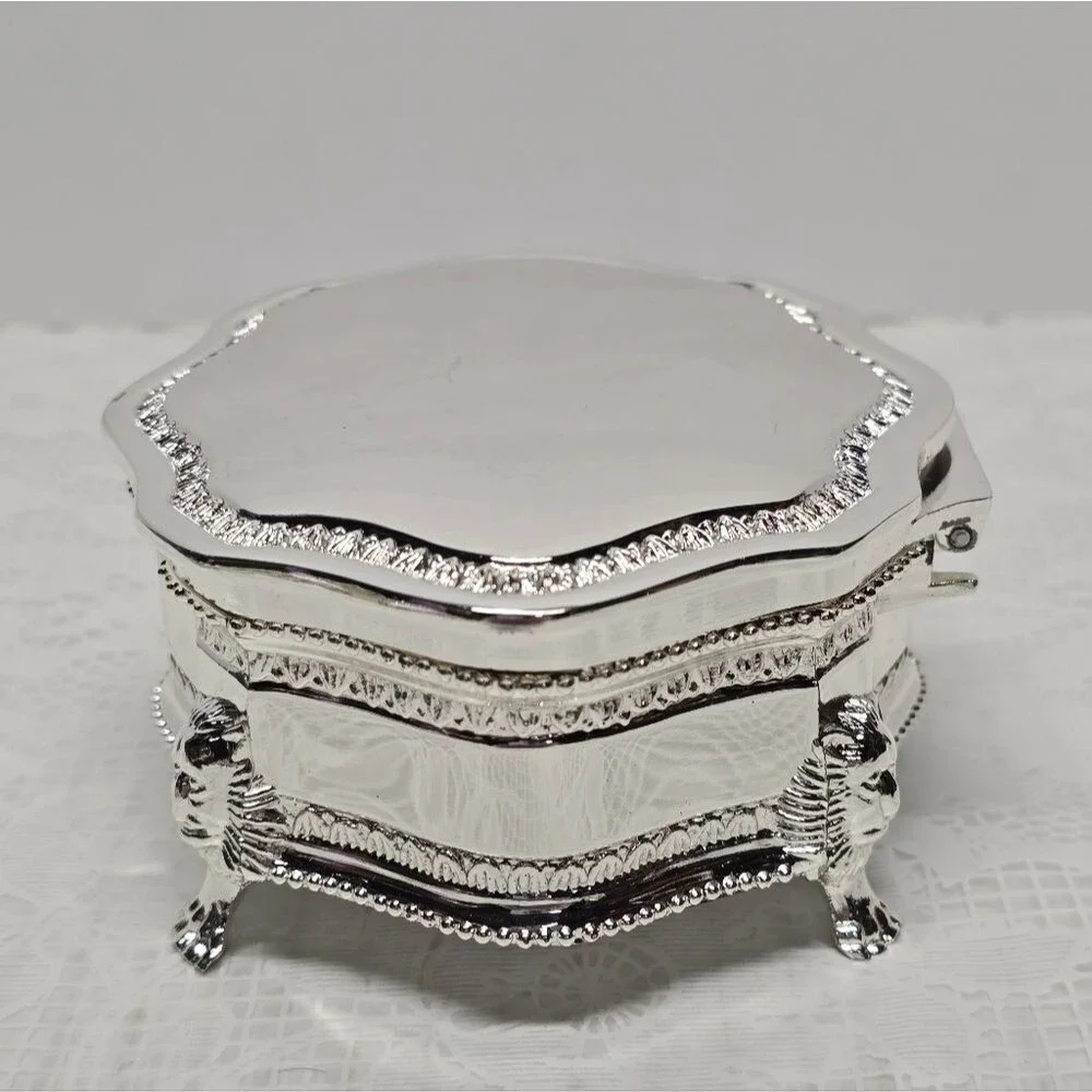 Silver Chrome Lion Heads Footed Non Tarnish Jewelry Trinket Box Victorian Style